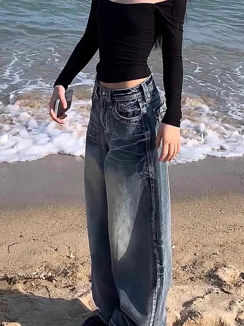 HOUZHOU Vintage Y2k modré džínsy dámske vrecovité prané široké džínsy dámske streetwear Harajuku kórejská móda džínsové nohavice grunge