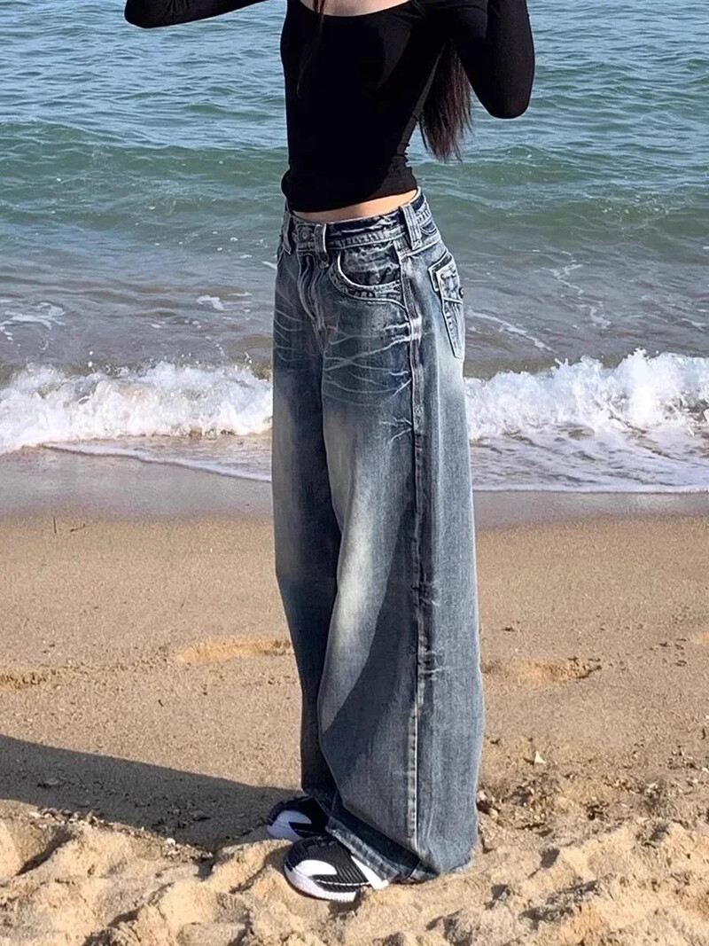 HOUZHOU Vintage Y2k modré džínsy dámske vrecovité prané široké džínsy dámske streetwear Harajuku kórejská móda džínsové nohavice grunge