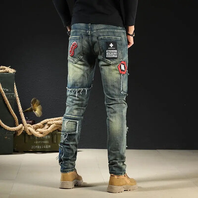 Pantaloni strânși cu pipă strânsă Pantaloni de cowboy pentru bărbați Blugi slim pentru bărbați cu buzunare imprimate Harajuku de înaltă calitate în stil coreean Soft Xs