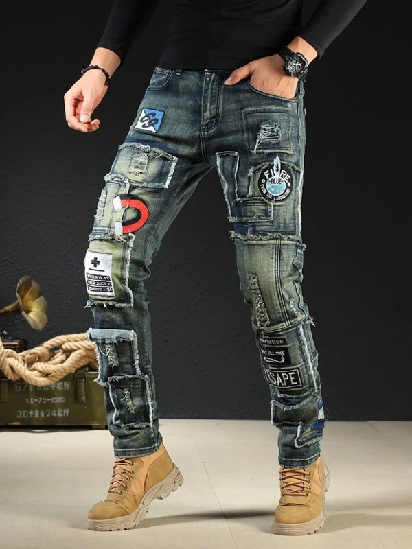 Pánske úzke kovbojské nohavice, slim fit džínsy s potlačou vreciek, vysoko kvalitné, Harajuku, kórejský štýl, mäkké, XS