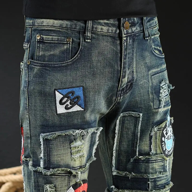Pánske úzke kovbojské nohavice, slim fit džínsy s potlačou vreciek, vysoko kvalitné, Harajuku, kórejský štýl, mäkké, XS