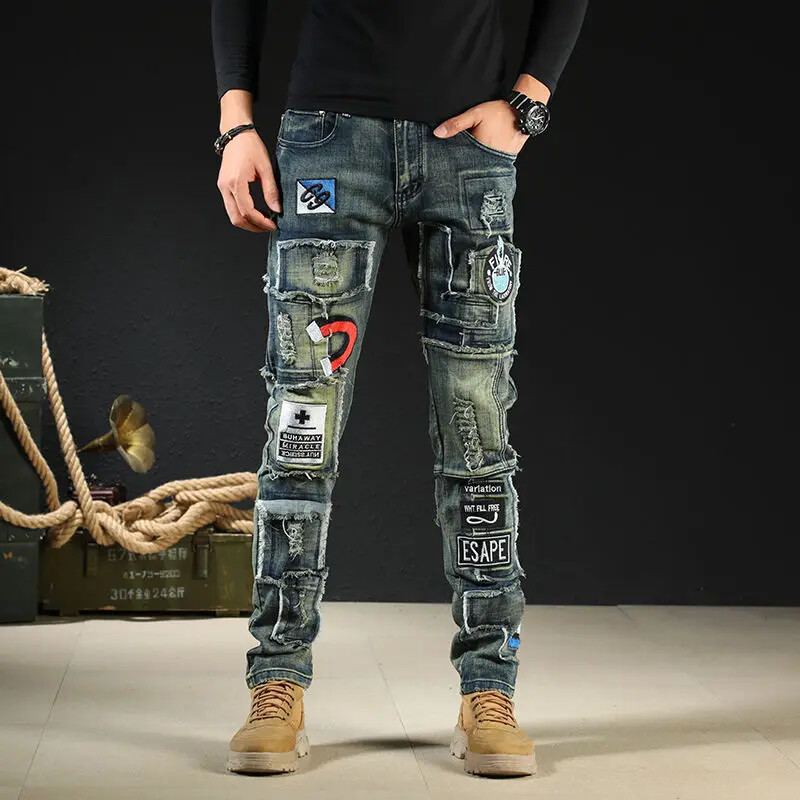 Pánske úzke kovbojské nohavice, slim fit džínsy s potlačou vreciek, vysoko kvalitné, Harajuku, kórejský štýl, mäkké, XS