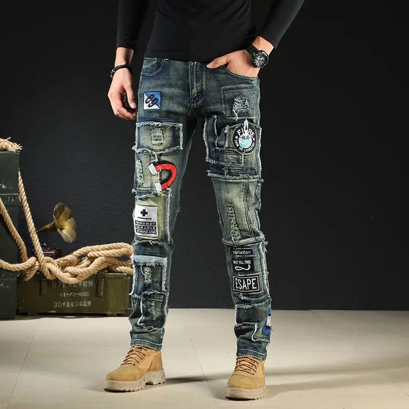 Pánske úzke kovbojské nohavice, slim fit džínsy s potlačou vreciek, vysoko kvalitné, Harajuku, kórejský štýl, mäkké, XS