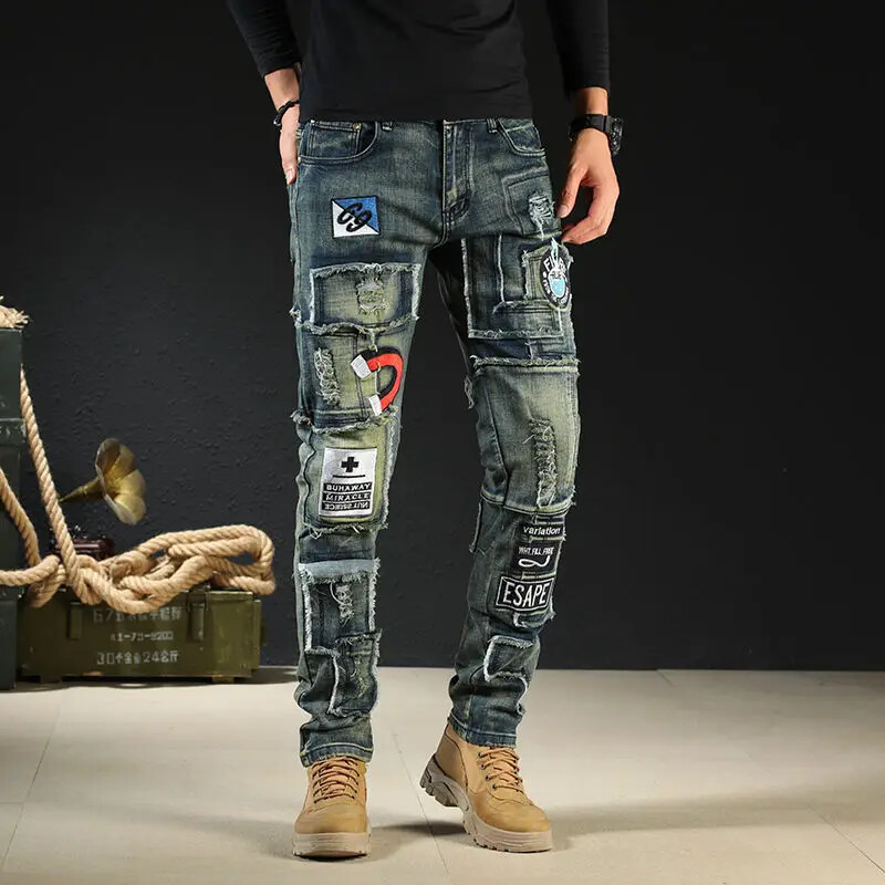 Pánske úzke kovbojské nohavice, slim fit džínsy s potlačou vreciek, vysoko kvalitné, Harajuku, kórejský štýl, mäkké, XS