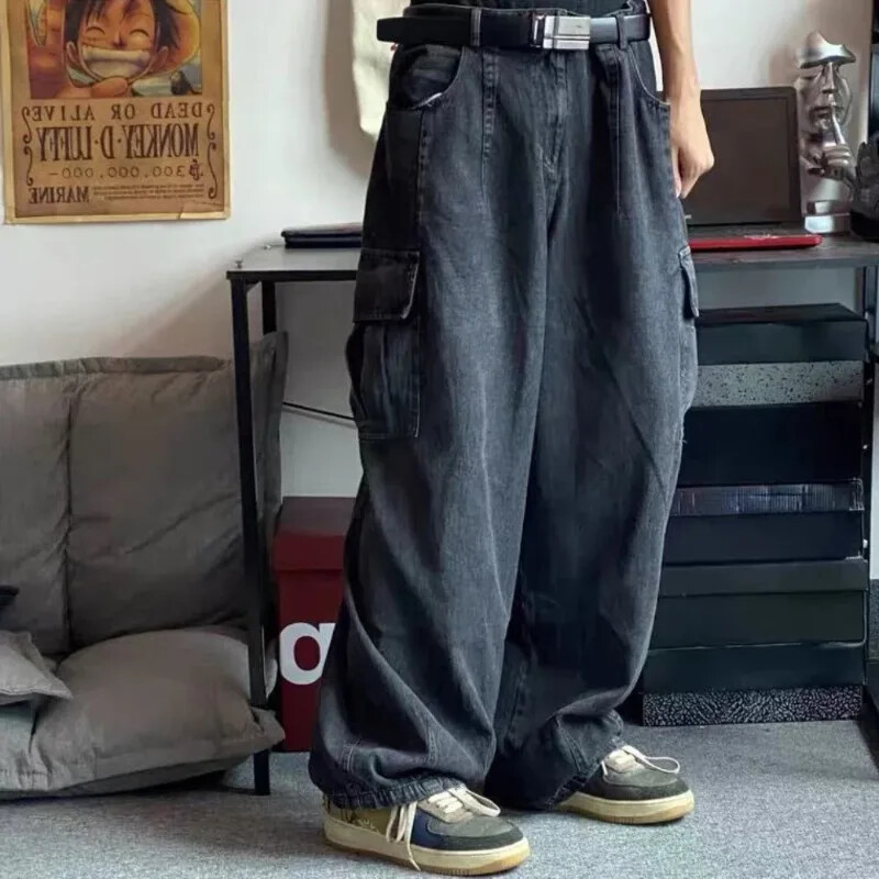 2024 Nové čierne vrecovité džínsy Pánske nadrozmerné kórejské módne cargo široké džínsové nohavice Streetwear Y2k nohavice Pánske tepláky