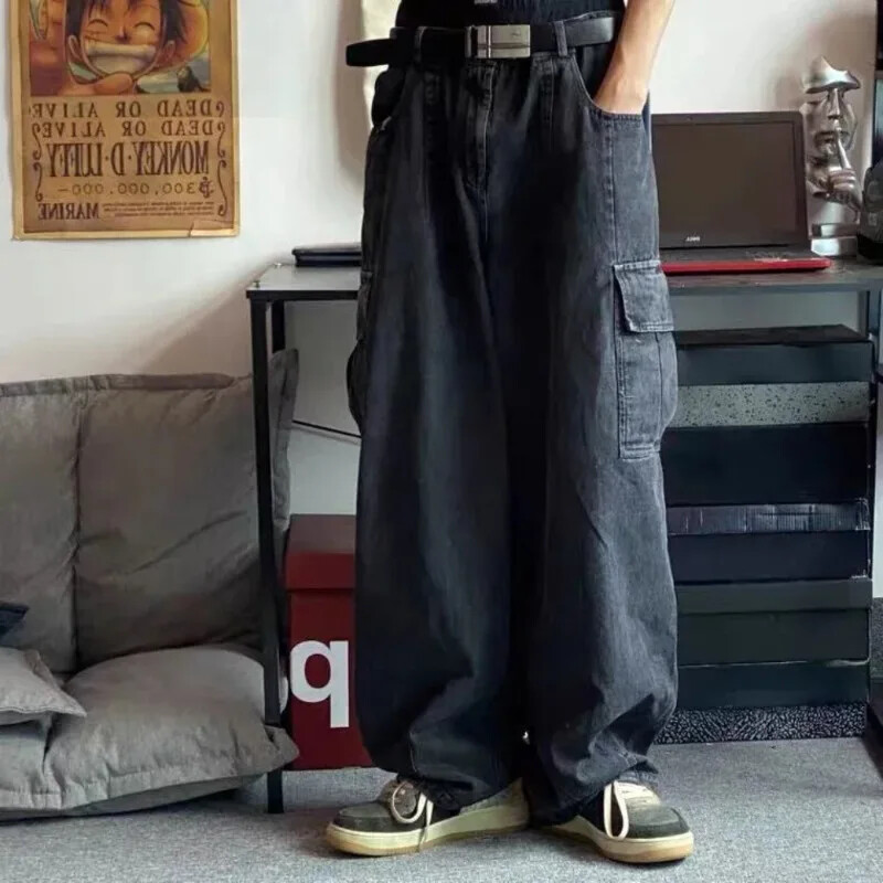 2024 Nové čierne vrecovité džínsy Pánske nadrozmerné kórejské módne cargo široké džínsové nohavice Streetwear Y2k nohavice Pánske tepláky