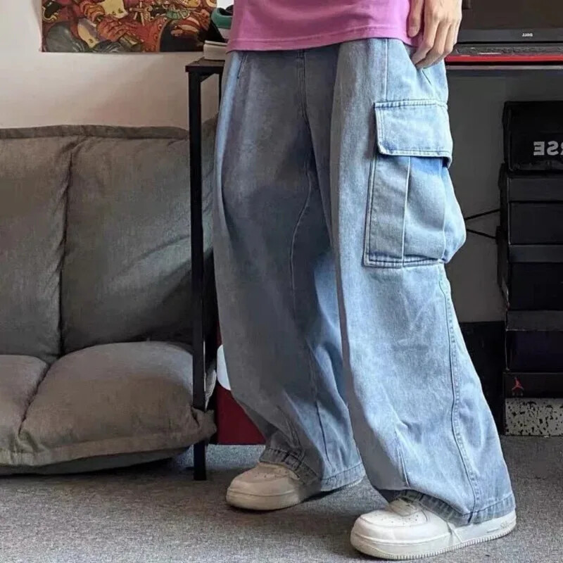 2024 Nové čierne vrecovité džínsy Pánske nadrozmerné kórejské módne cargo široké džínsové nohavice Streetwear Y2k nohavice Pánske tepláky
