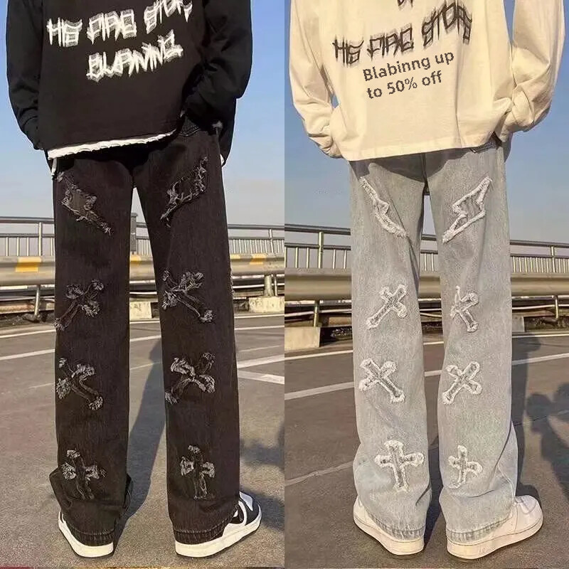 Madingi džinsiniai džinsai tiesiomis kojomis, laisvalaikio laisvi plačiomis kojomis, amerikietiško stiliaus hiphopo gatvės apranga