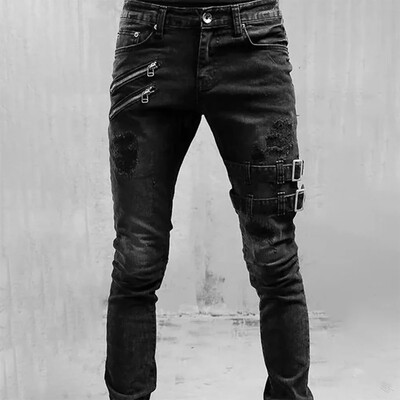 Pánske nové slim džínsy, pánske nohavice, jar, jeseň, elastické nohavice na nohy, streetwear, pánske úzke zipsy, motorkárske, ležérne dlhé džínsové nohavice