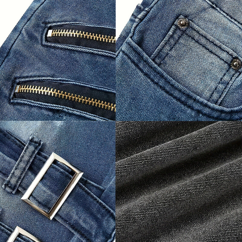 Pánske nové slim džínsy, pánske nohavice, jar, jeseň, elastické nohavice na nohy, streetwear, pánske úzke zipsy, motorkárske, ležérne dlhé džínsové nohavice
