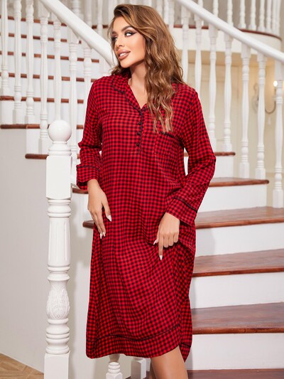 Ženska spavaćica dugih rukava, spavaćica s urezanim ovratnikom, ležerna ženska spavaćica, kućna odjeća na kopčanje, kućna odjeća, salonke