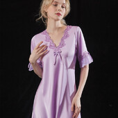 Cămașă de noapte nouă de vară pentru femei, din mătase de gheață, cămașă de noapte din satin pentru femei, rochie de somn lungă, de mătase, cu decolteu în V, haine de noapte de culoare uni.