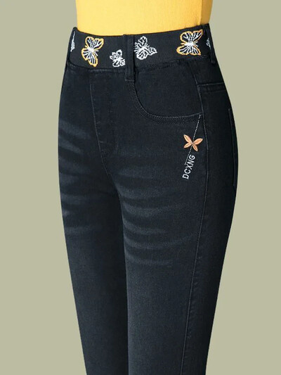 Nauja mama Vintažinės laisvalaikio tamprios džinsinės kelnės moteriškos aukštu juosmeniu Plonas pieštukas Džinsai Pavasaris Ruduo Korėjos Didelis Dydis 7xl Kot Pantolon