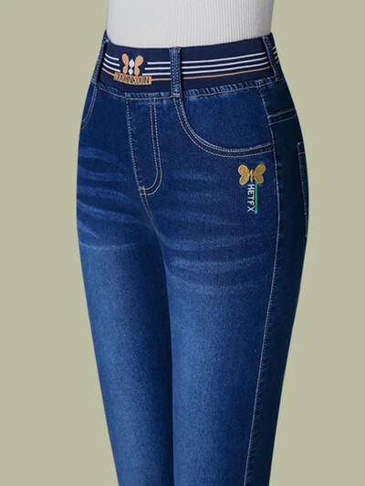 Nauja mama Vintažinės laisvalaikio tamprios džinsinės kelnės moteriškos aukštu juosmeniu Plonas pieštukas Džinsai Pavasaris Ruduo Korėjos Didelis Dydis 7xl Kot Pantolon