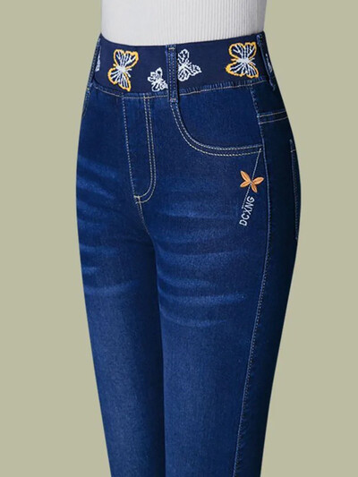 Nauja mama Vintažinės laisvalaikio tamprios džinsinės kelnės moteriškos aukštu juosmeniu Plonas pieštukas Džinsai Pavasaris Ruduo Korėjos Didelis Dydis 7xl Kot Pantolon