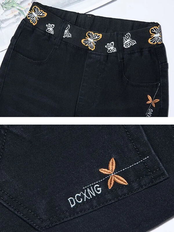 Nauja mama Vintažinės laisvalaikio tamprios džinsinės kelnės moteriškos aukštu juosmeniu Plonas pieštukas Džinsai Pavasaris Ruduo Korėjos Didelis Dydis 7xl Kot Pantolon