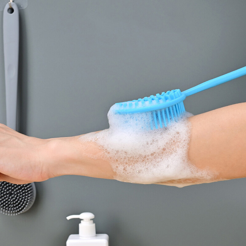 Szilikon hosszú nyelű fürdőkefe hátsó súroló puha sörtéjű testradírozó masszázskefe zuhanymosás fürdőszobai kellékek