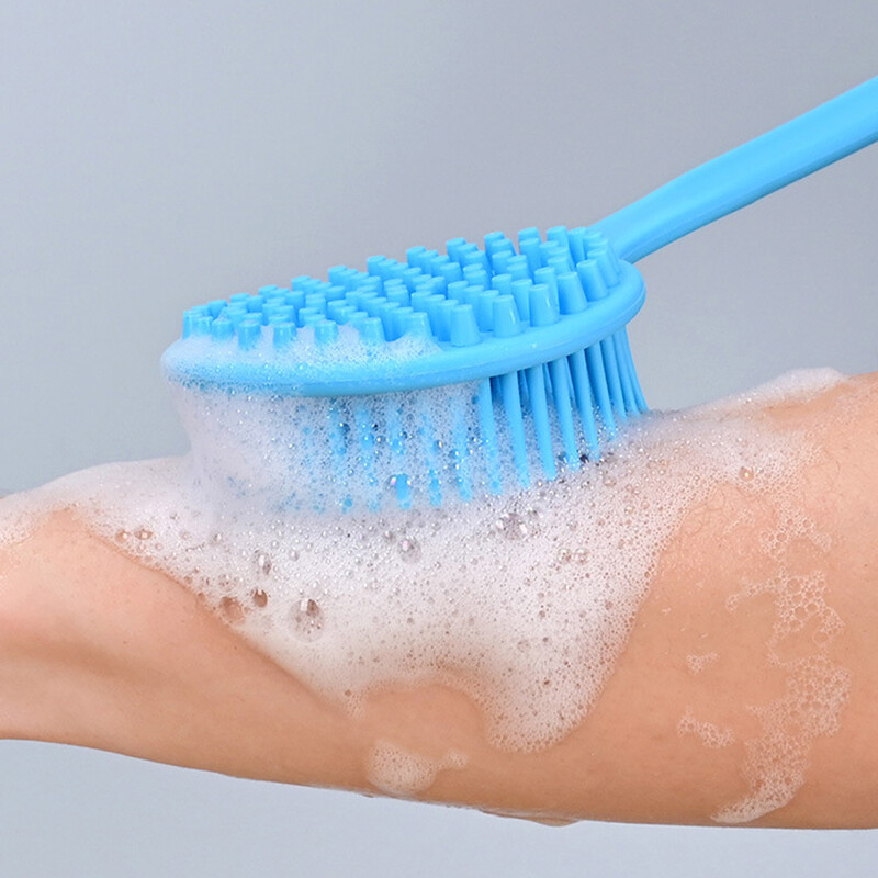 Szilikon hosszú nyelű fürdőkefe hátsó súroló puha sörtéjű testradírozó masszázskefe zuhanymosás fürdőszobai kellékek