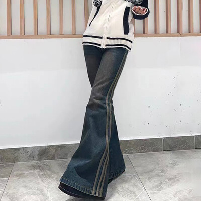 Grunge magas derekú flare farmerek Vintage csíkos farmer nadrág Y2k Harajuku Bell Bottom 2000-es évek Skinny Mopping 90-es évek