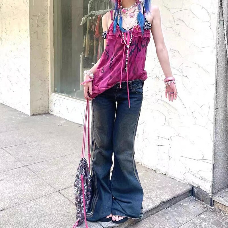 Grunge magas derekú flare farmerek Vintage csíkos farmer nadrág Y2k Harajuku Bell Bottom 2000-es évek Skinny Mopping 90-es évek