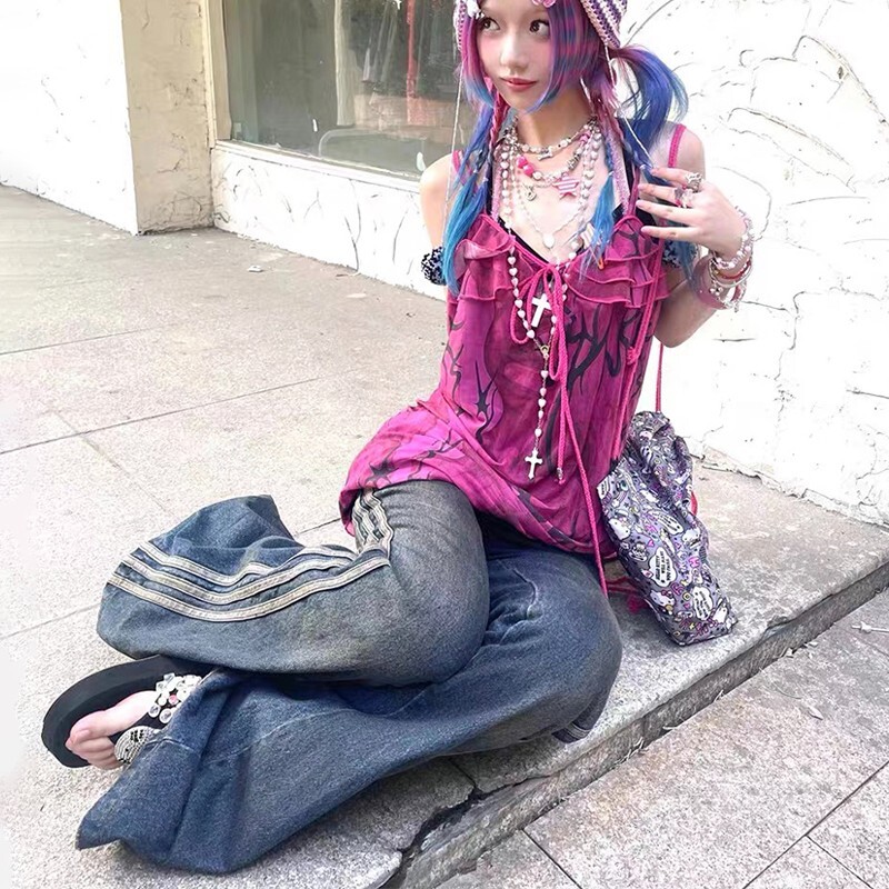 Grunge magas derekú flare farmerek Vintage csíkos farmer nadrág Y2k Harajuku Bell Bottom 2000-es évek Skinny Mopping 90-es évek