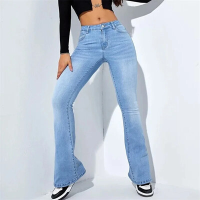 Dámske džínsy s úzkym strihom, stredne dlhý pás, mikro rozšírené džínsy, prateľné nohavice po podlahu, dámske ležérne streetwear