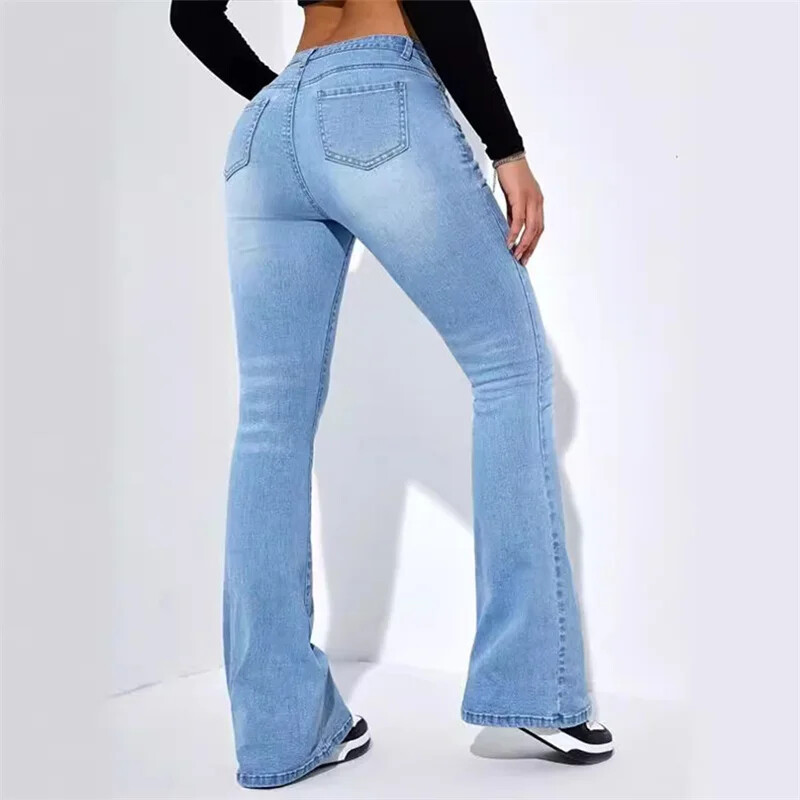 Dámske džínsy s úzkym strihom, stredne dlhý pás, mikro rozšírené džínsy, prateľné nohavice po podlahu, dámske ležérne streetwear