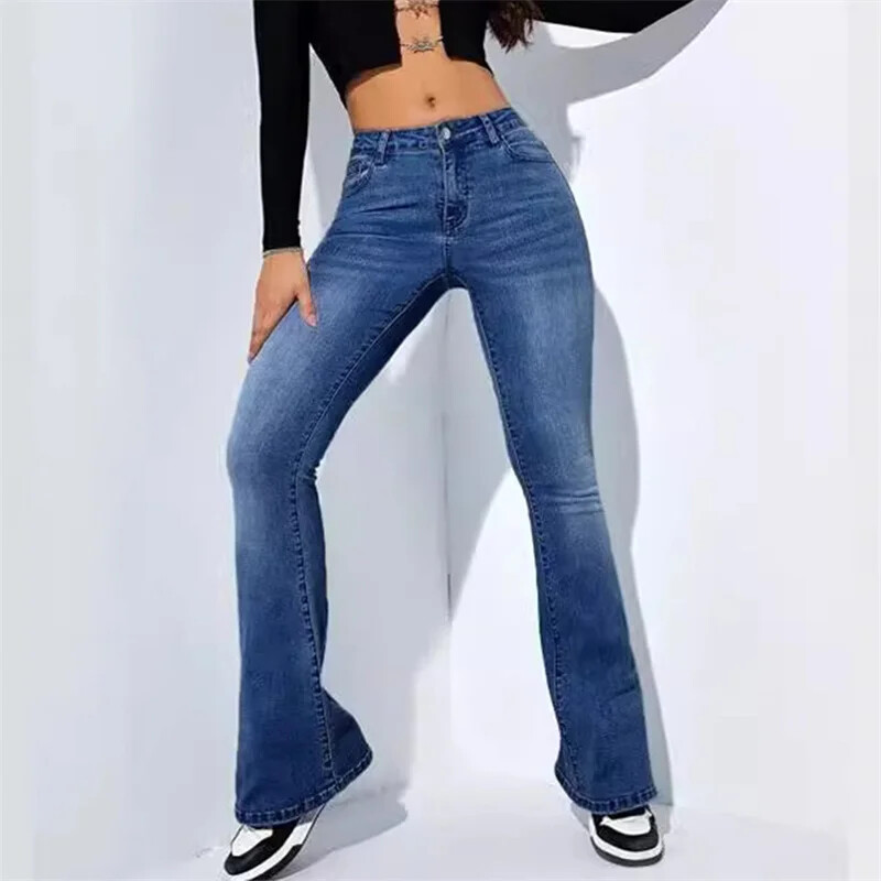 Dámske džínsy s úzkym strihom, stredne dlhý pás, mikro rozšírené džínsy, prateľné nohavice po podlahu, dámske ležérne streetwear