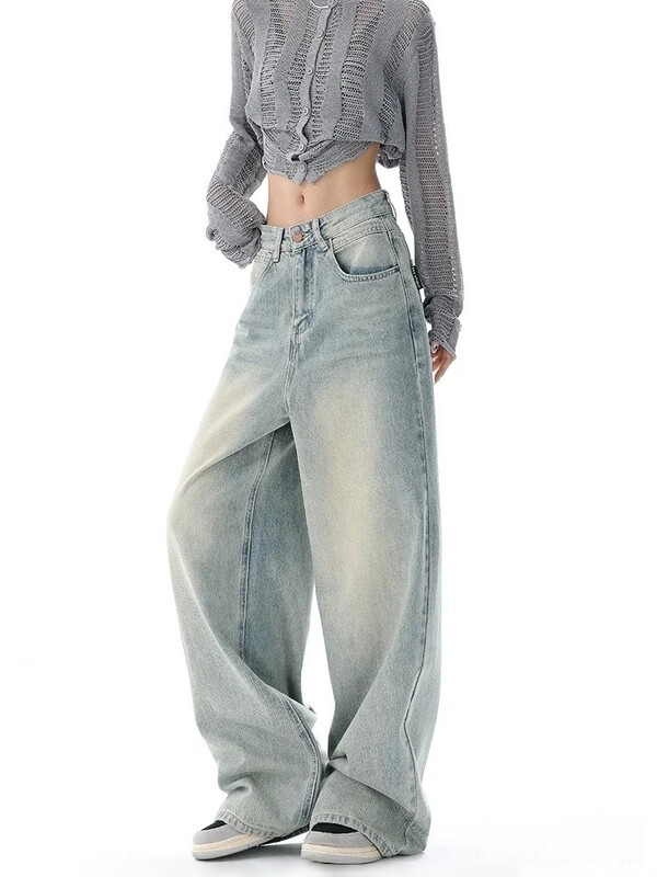 HOUZHOU Harajuku Y2K táskás farmer Női utcai ruházat Retro divat Őszi magas derekú nadrág Bő, széles szárú farmer nadrág női