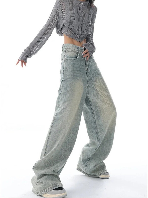 HOUZHOU Harajuku Y2K táskás farmer Női utcai ruházat Retro divat Őszi magas derekú nadrág Bő, széles szárú farmer nadrág női