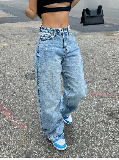 EOTVOTEE Módne ležérne voľné džínsy pre ženy s vysokým pásom, streetwear, vintage gombíky, široké nohavice Y2k, nové dlhé džínsy z roku 2024