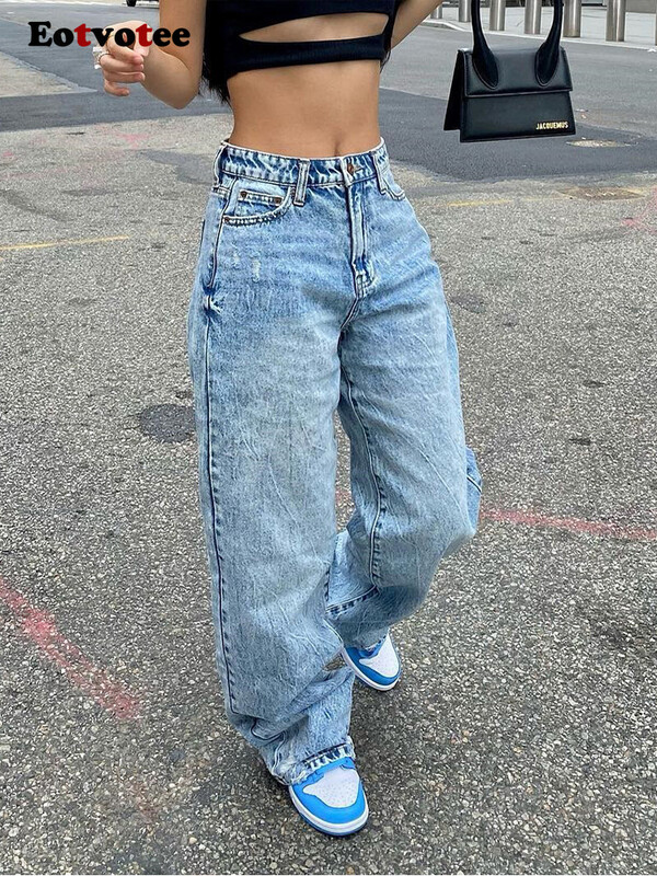 EOTVOTEE Módne ležérne voľné džínsy pre ženy s vysokým pásom, streetwear, vintage gombíky, široké nohavice Y2k, nové dlhé džínsy z roku 2024