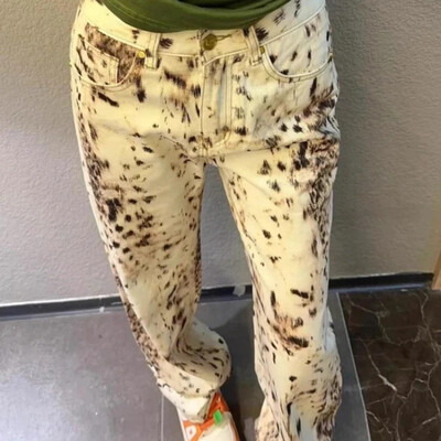 Deeptown Vintage Baggy Wide Leg Jeans Leopard Print Dámske Retro Rovné Nohavice Vysoký Pás Streetwear Y2k Casual Denim Nohavice