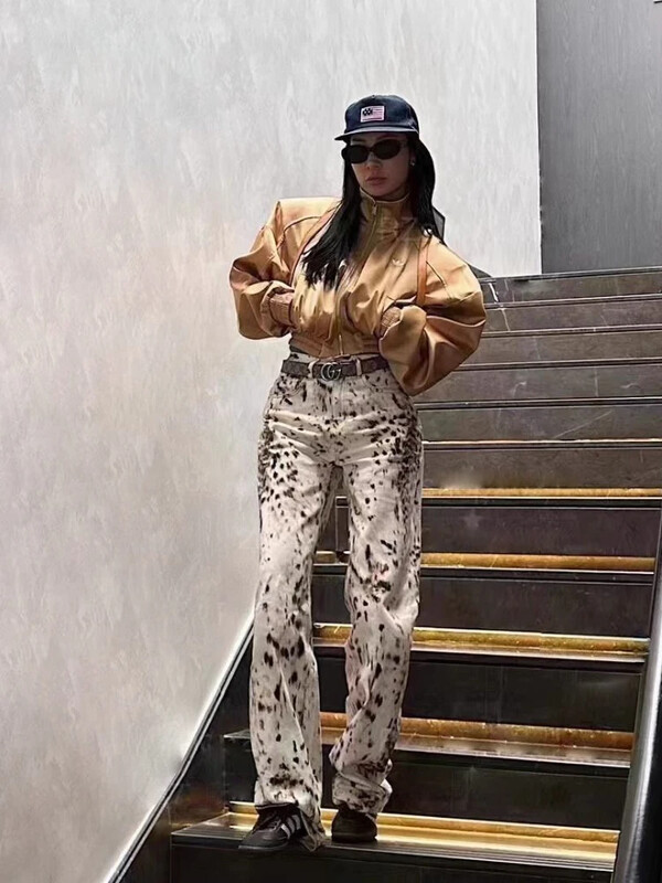 Deeptown Vintage Baggy Wide Leg Jeans Leopard Print Dámske Retro Rovné Nohavice Vysoký Pás Streetwear Y2k Casual Denim Nohavice