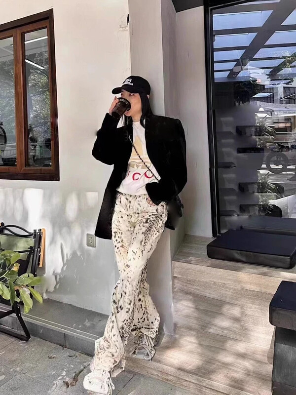Deeptown Vintage Baggy Wide Leg Jeans Leopard Print Dámske Retro Rovné Nohavice Vysoký Pás Streetwear Y2k Casual Denim Nohavice