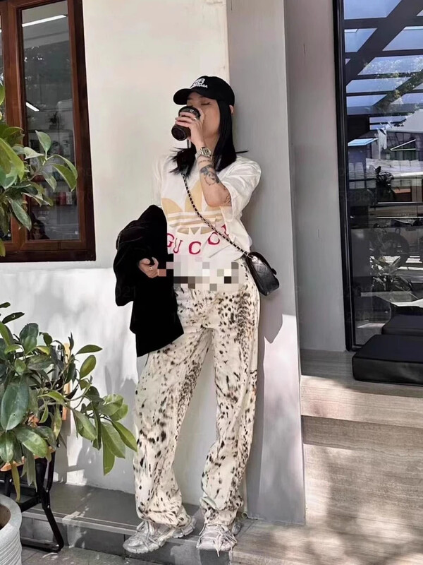 Deeptown Vintage Baggy Wide Leg Jeans Leopard Print Dámske Retro Rovné Nohavice Vysoký Pás Streetwear Y2k Casual Denim Nohavice