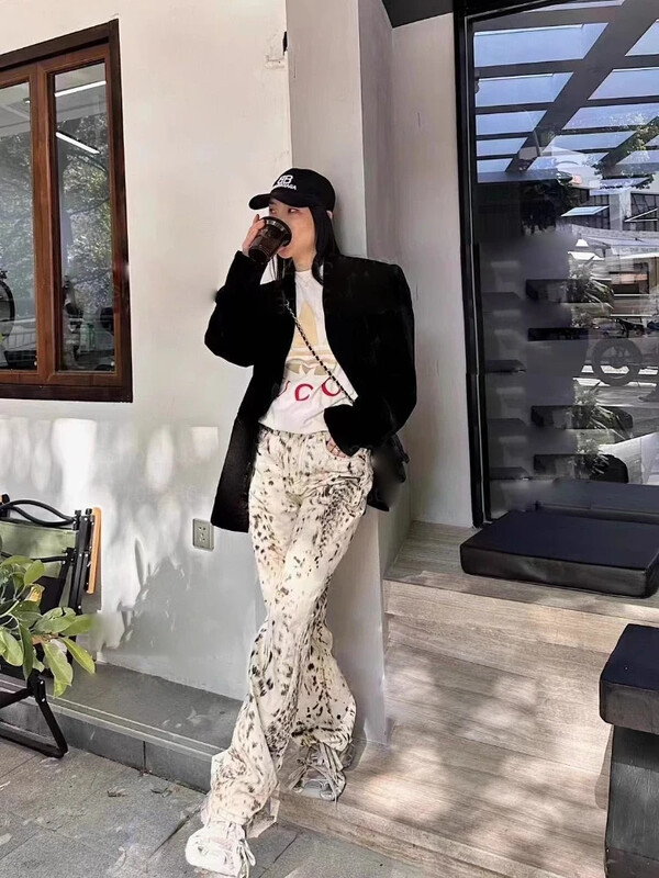 Deeptown Vintage Baggy Wide Leg Jeans Leopard Print Dámske Retro Rovné Nohavice Vysoký Pás Streetwear Y2k Casual Denim Nohavice