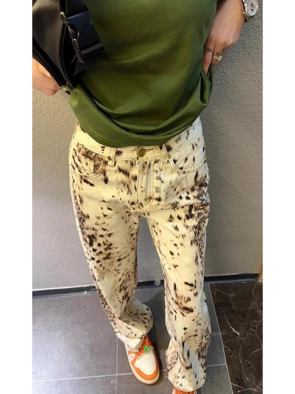 Deeptown Vintage Baggy Wide Leg Jeans Leopard Print Dámske Retro Rovné Nohavice Vysoký Pás Streetwear Y2k Casual Denim Nohavice