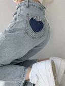 "Farmer Heart Hollow Student Denim Vintage Magas derekú All - match Laza Női Utcai nadrágok Teljes hosszúságú Laza Puha Egyszerű"