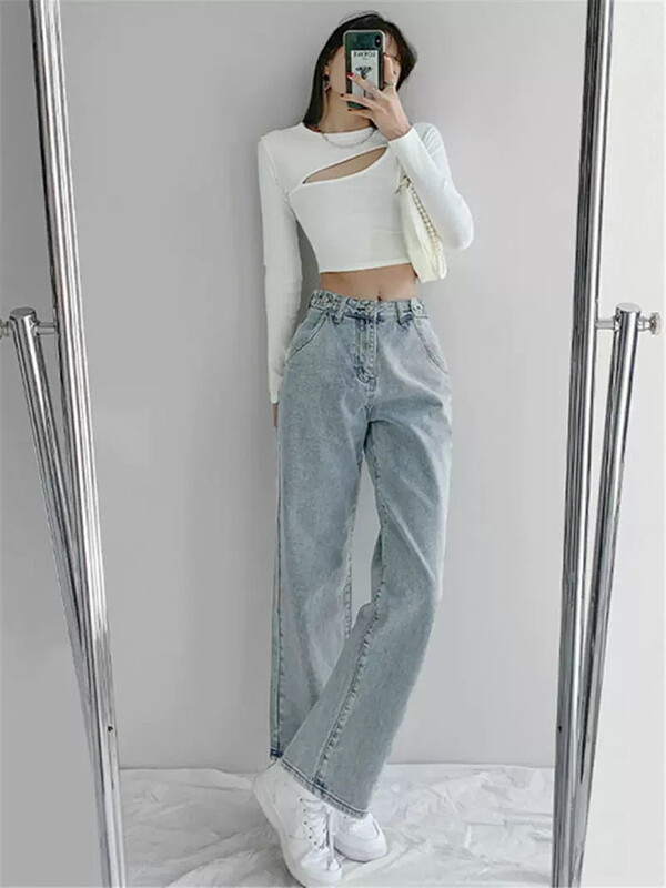 "Farmer Heart Hollow Student Denim Vintage Magas derekú All - match Laza Női Utcai nadrágok Teljes hosszúságú Laza Puha Egyszerű"