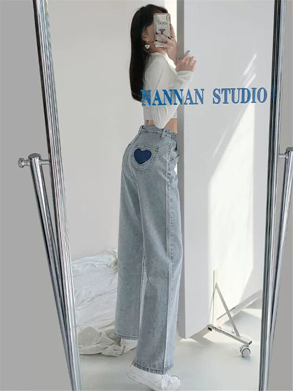 "Farmer Heart Hollow Student Denim Vintage Magas derekú All - match Laza Női Utcai nadrágok Teljes hosszúságú Laza Puha Egyszerű"