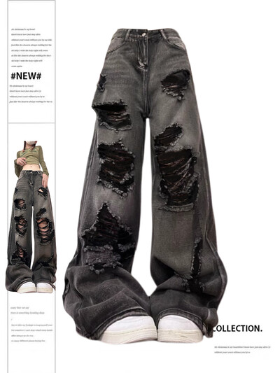 Moteriški plėšyti džinsai Baggy Vintažiniai estetiški gatvės drabužiai kaubojų kelnės Harajuku didelės džinsinės kelnės Y2k 2000-ųjų nešvarūs drabužiai