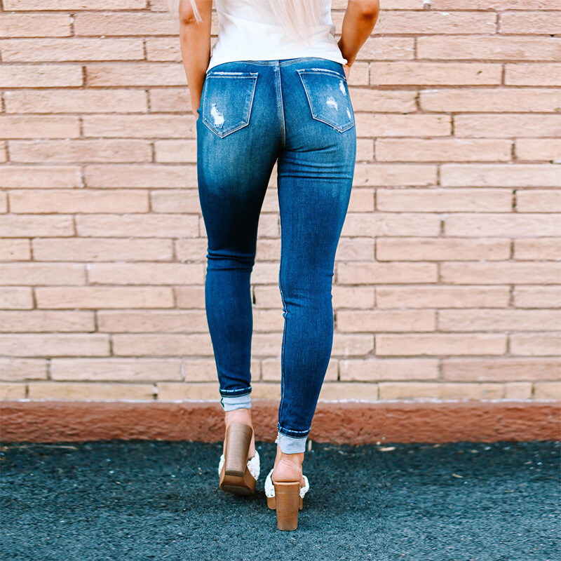 Dámske džínsy s jedným radom, gombíkové ceruzkové nohavice, pranie, slim fit, otvory, vrecká, mierne strečové, High Street