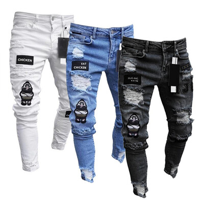 Blugi skinny rupti cu broderie albă pentru bărbați, bumbac, cu gaură elastică, pantaloni slim fit hip hop, blugi casual pentru bărbați, pantaloni de jogging