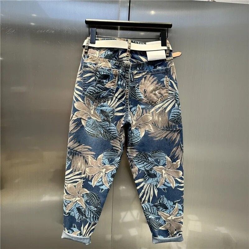 2024 tavaszi nyár új juharlevél nyomtatás festés vágott farmer Női divat utcai ruházat magas derekú bő hárem farmer nadrág