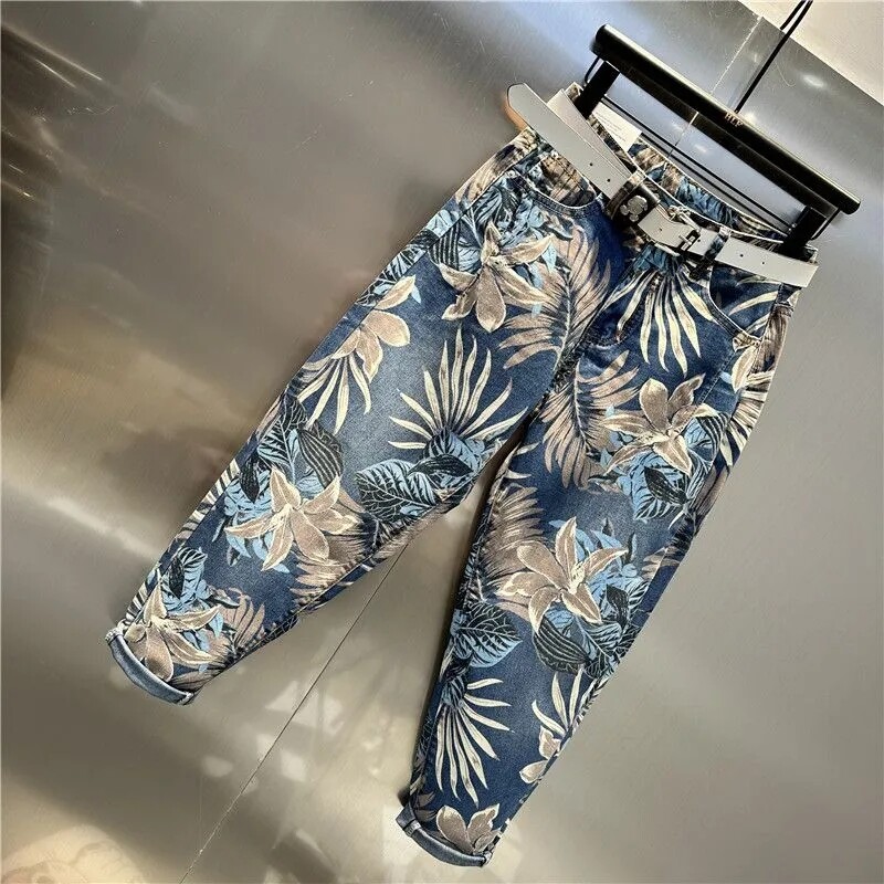 2024 tavaszi nyár új juharlevél nyomtatás festés vágott farmer Női divat utcai ruházat magas derekú bő hárem farmer nadrág