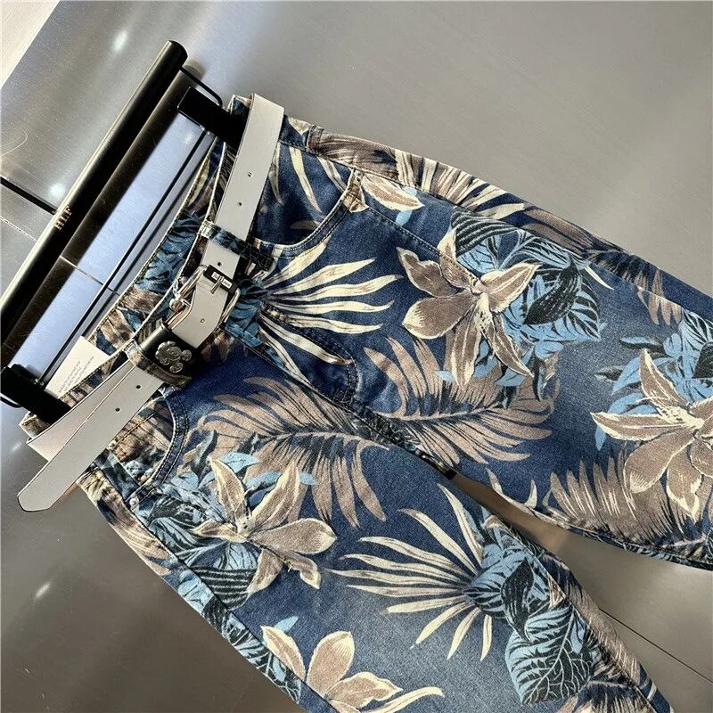 2024 tavaszi nyár új juharlevél nyomtatás festés vágott farmer Női divat utcai ruházat magas derekú bő hárem farmer nadrág