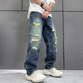 Išskalbti nelaimingi madingi ir madingi džinsai amerikietiško stiliaus madingi vyriški laisvi vyriški džinsai tiesiomis kojomis