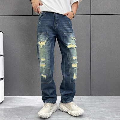 Išskalbti nelaimingi madingi ir madingi džinsai amerikietiško stiliaus madingi vyriški laisvi vyriški džinsai tiesiomis kojomis