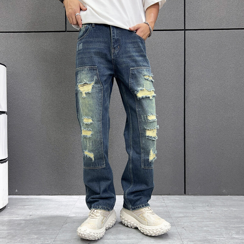 Išskalbti nelaimingi madingi ir madingi džinsai amerikietiško stiliaus madingi vyriški laisvi vyriški džinsai tiesiomis kojomis
